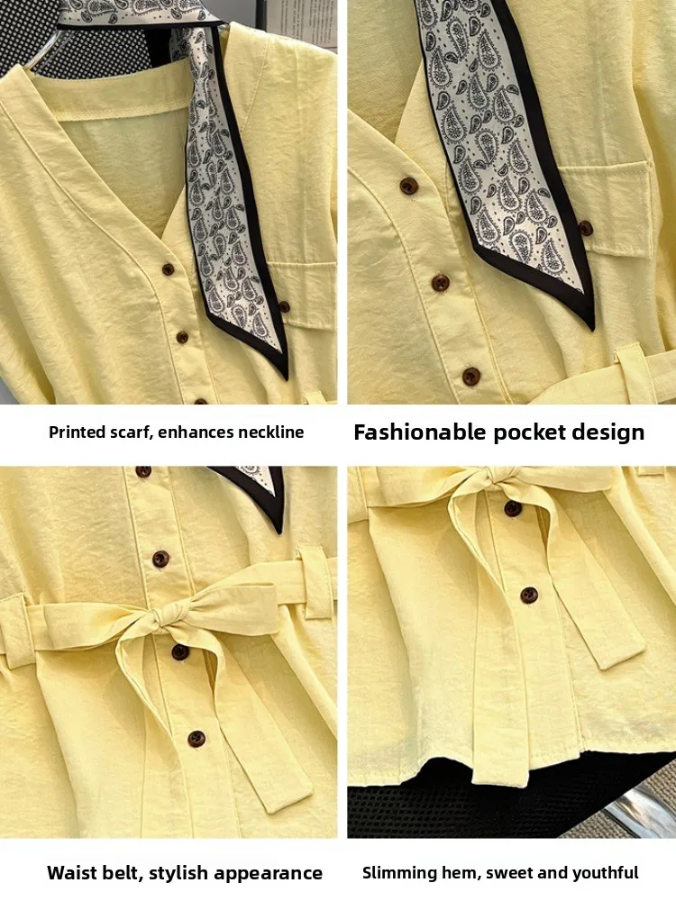 وشاح حريري صيفي V-Ne Svel irt المرأة فضفاضة الخصر Cinched التخسيس الأعلى الكورية Sle تخفيف زر الرياح التفاصيل #3