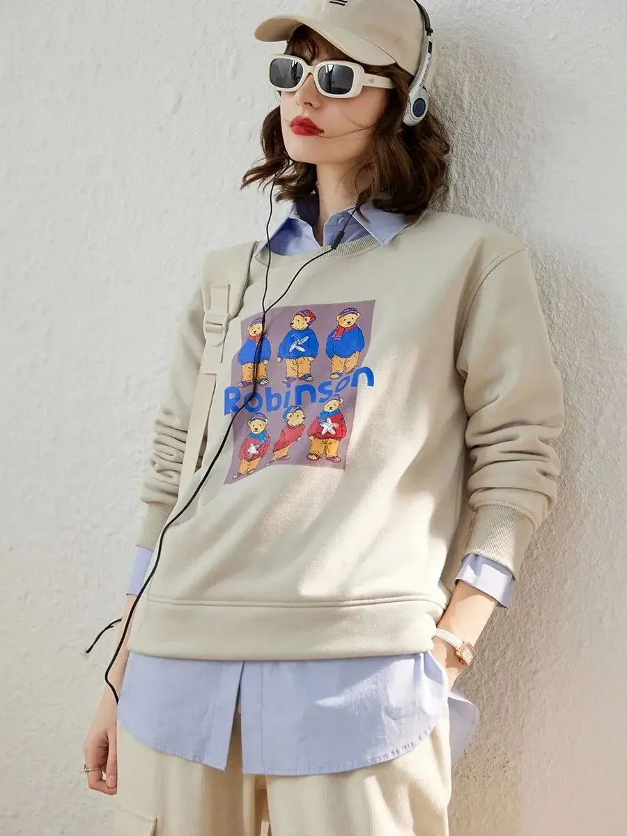 Louis Yao Dames Sweatshirt 2023 Herfst En Winter Lange Mouw Ronde Hals Verdikte Casual Beer Bedrukt Top Met Schoudermouw