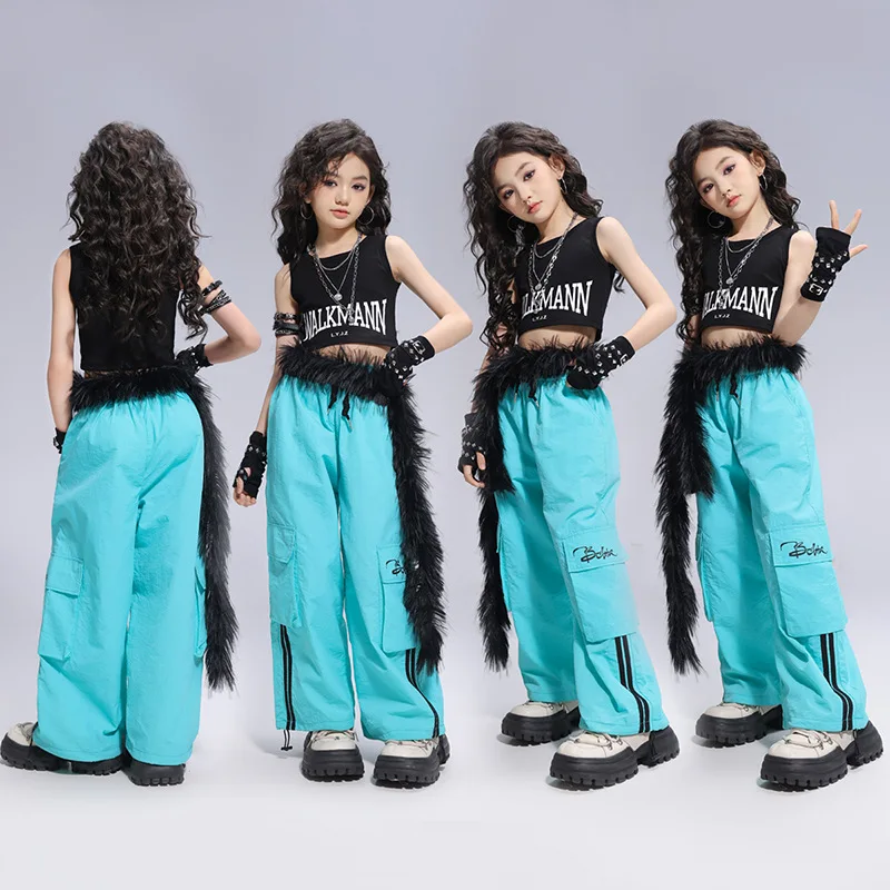 

Kid Kpop Hip Hop Clothing Black Letter Crop Tank Top Mint Blue Casual Wide Cargo Pants for Girls Jazz Dance Wear Costume Clothes