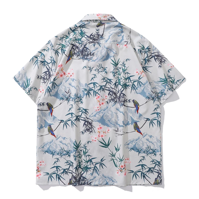 Crane Chinese Traditional Printed Mens Shirts Short Sleeve Summer Cuba Collar Street Shirts for Man