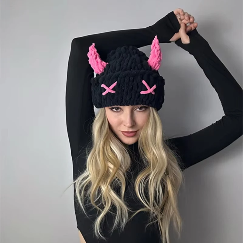 Winter knitted hat with cute little devil mask and thick and warm corners, suitable for both men and women for Christmas parties