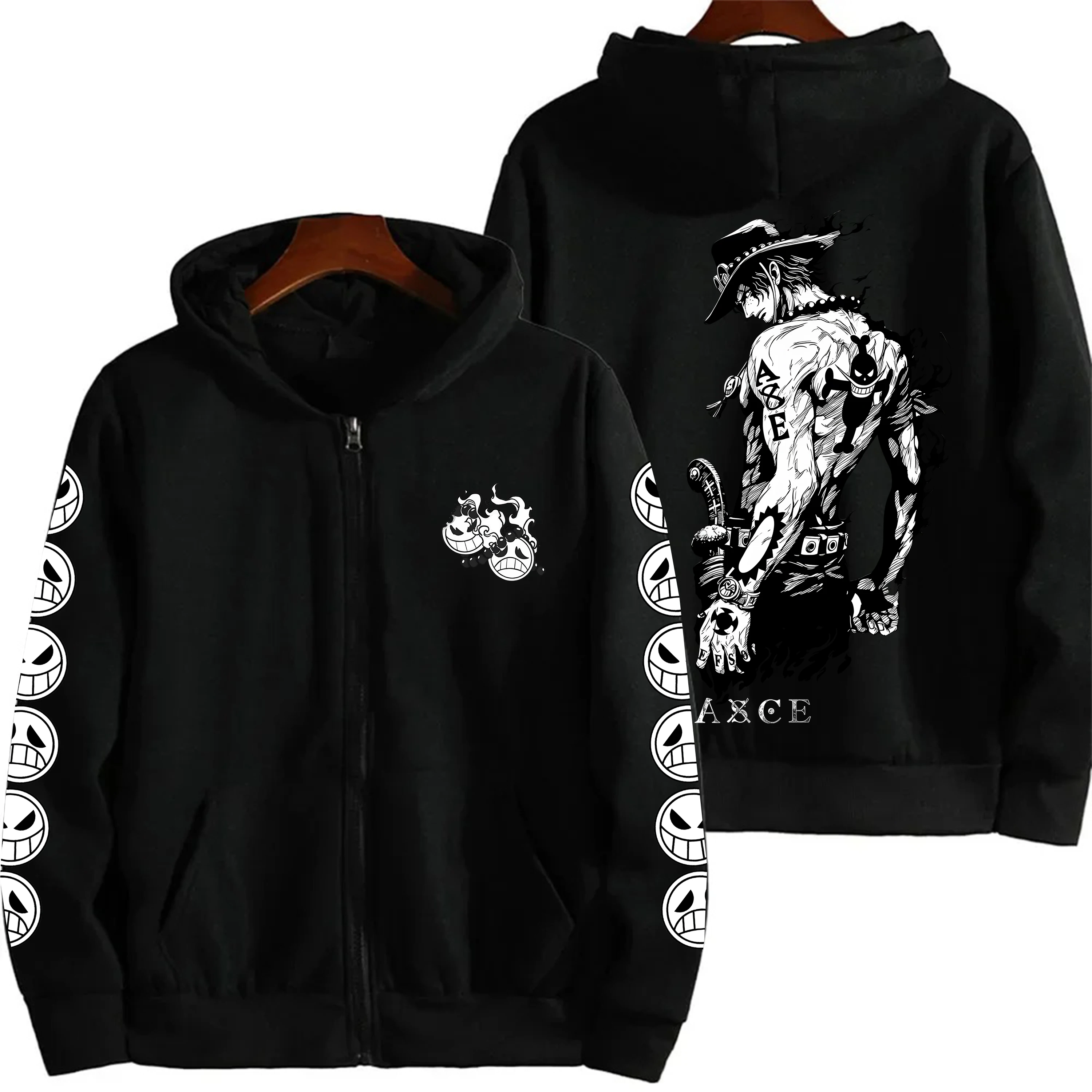 Camiseta Esportiva com Capuz Estampada do Anime One Piece Portgas D.Ace para Casais, Moda Harajuku, Jaqueta Casual com Zíper
