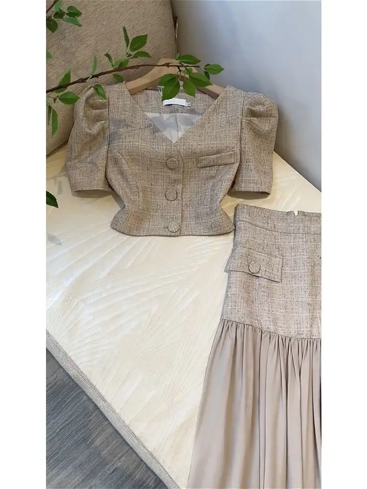 Giacca a maniche corte temperamento gonne Crop Top completo due pezzi donna Outifits camicie nere Patchwork Vintage Chic