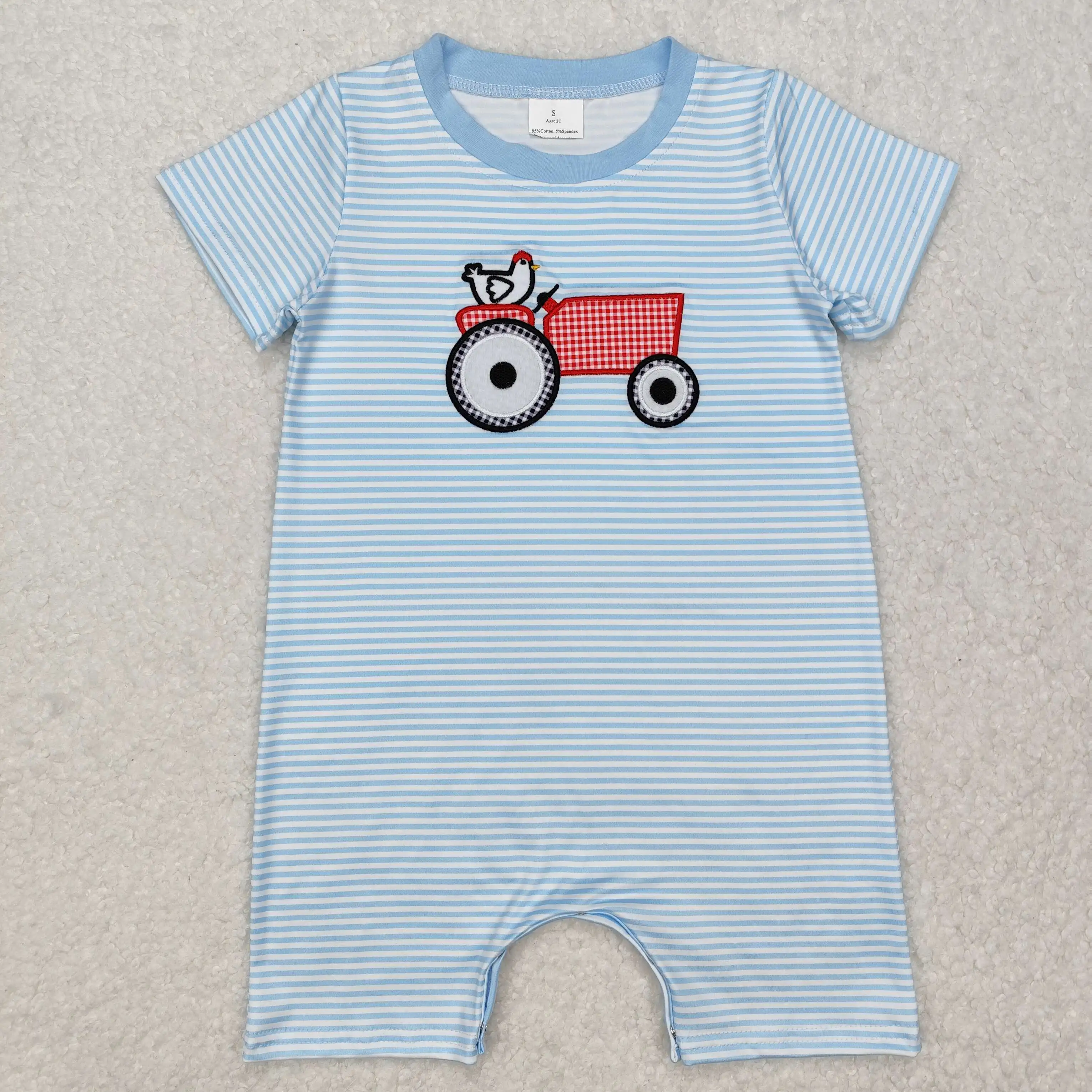 

New rts baby toddler boys romper wholesale boutique embroidered chick tractor blue striped short sleeve boys onesie