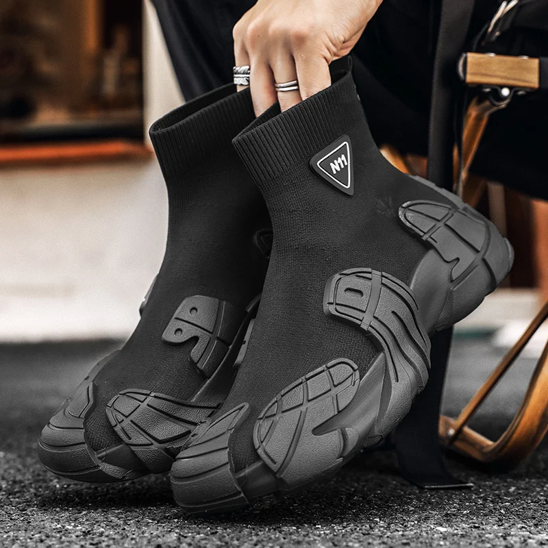 

2025 Autumn New Men's Socks and Shoes, High-top Fly-ribbed Mesh Shoes, Breathable and Casual Men's Shoes
