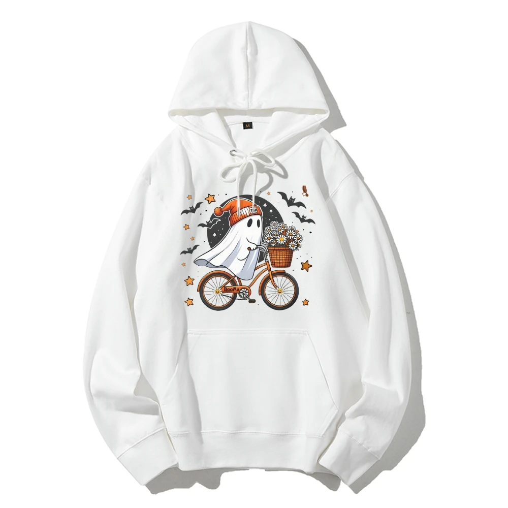 Cute Ghost On Bike Hoodie Boho Halloween Sweatshirt Spooky Season Ghost Bicycle Floral Flower Pullovers Autumn Halloween Shirt