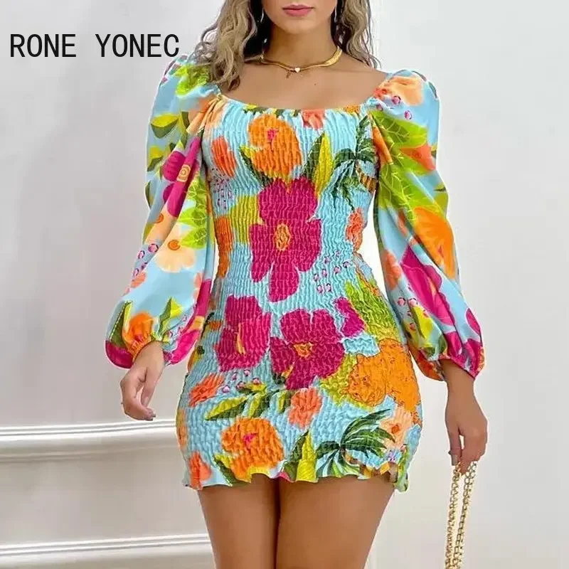 Women Dress 2023 Casual Tropical Print Puff Sleeve Shirred Dress A Line Dress