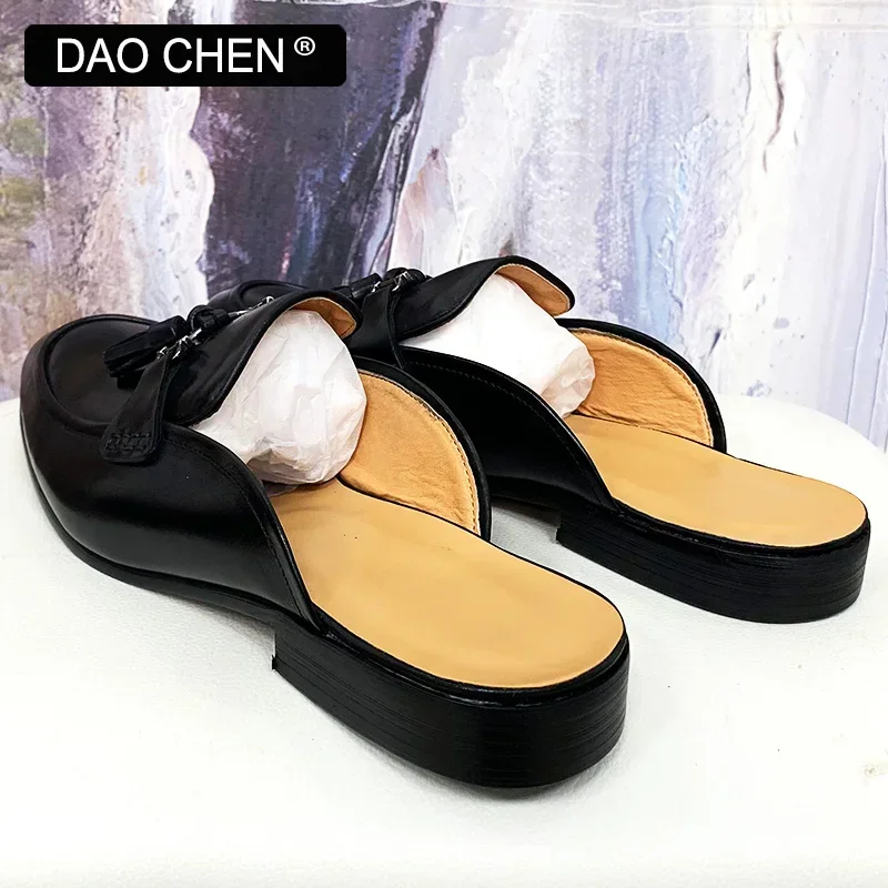 DAOCHEN BRAND MEN SHOES BLACK BROWN TASSEL SLIP ON HORSEBIT CASUAL MENS DRESS SUMMER GENUINE LEATHER HALF SHOES FOR MEN