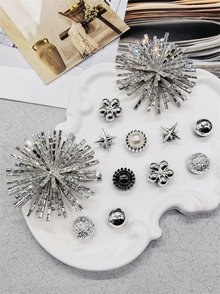 12PCS Shiny Firework Starbust Shoe Charms Accessories Silvery Heart Clogs Shoe Buckles DIY Decorations Round Beads Shoe Clips