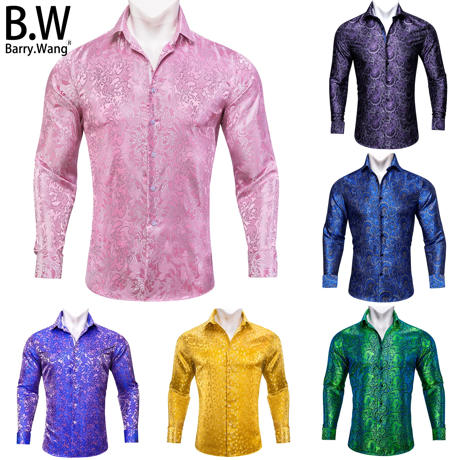 Barry.Wang Luxury Silk Mens Shirts Jacquard Floral Long Sleeve Formal Casual 26 Colours Male Blouses Wedding Business Prom Gift