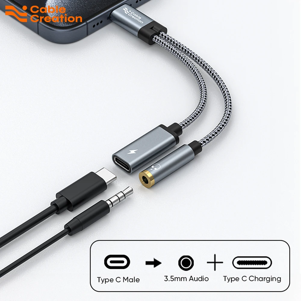 Адаптер CableCreation USB Type C на разъем 3,5 мм для аудиоразъема и адаптер зарядного устройства типа C с кабелем для быстрой зарядки PD 100 Вт для iPhone 16