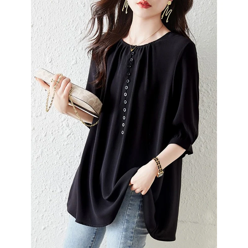 Fashion O-Neck Button Solid Color Folds Casual Blouses Women\'s Clothing 2024 Autumn New Loose Commuter Tops All-match Shirts