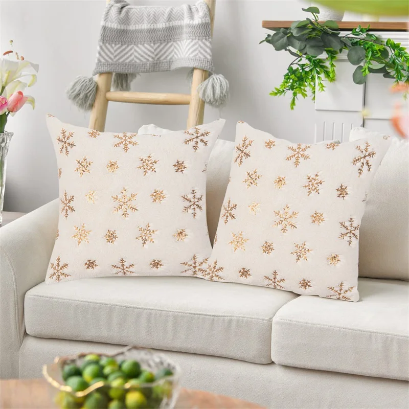 Christmas Fuzzy Pillowcase Sequin Snowflake Pattern Plush Throw Pillow Cover Cushion Case for Home