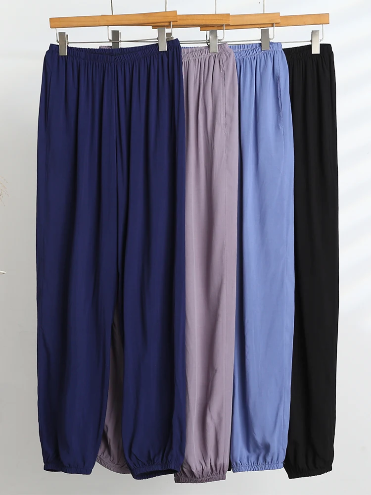 

Men's Silk Casual Pants Summer Thin Home Leisure Pants Loose Long Trousers Color Dstring Sweatpants for Home Use