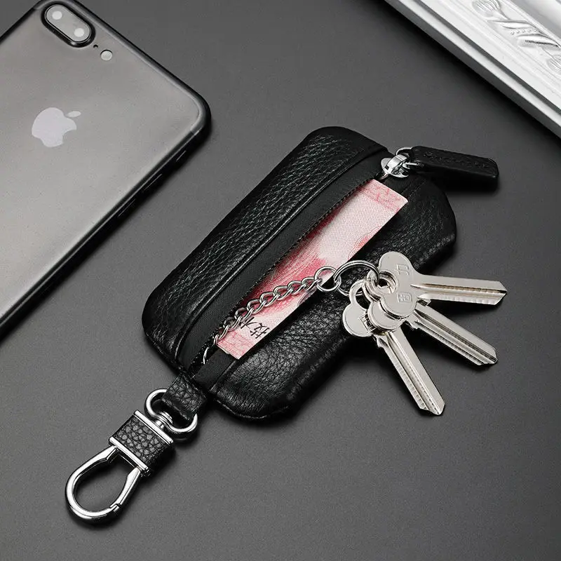 New cowhide universal key bag men's car key cover lychee grain waterproof zipper car key wallet