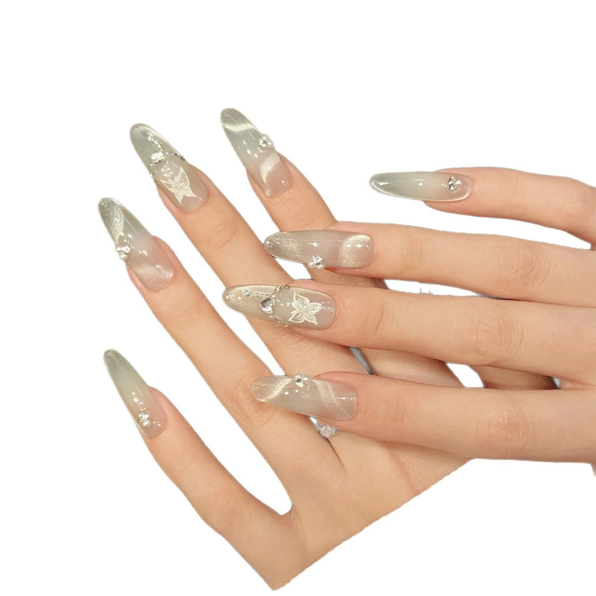 10 pçs longo oval artesanal unhas falsas dicas olho de gato borboleta design argent falso arte do prego strass amêndoa imprensa em unhas conjuntos