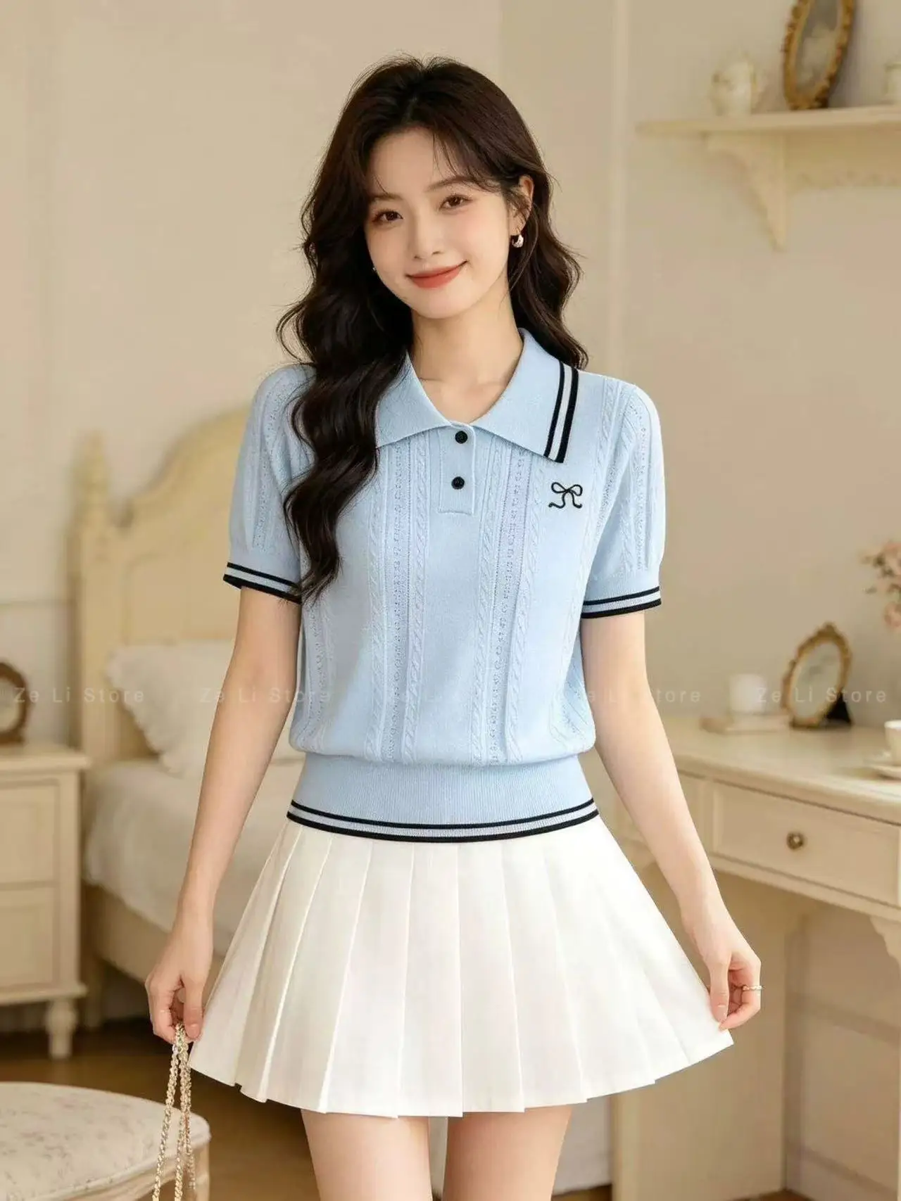 

Breathable, High-quality Short-sleeve Knit Top - 2026 Summer New Arrival: Slim-fit, Contrast Stripe, Turn-down Collar