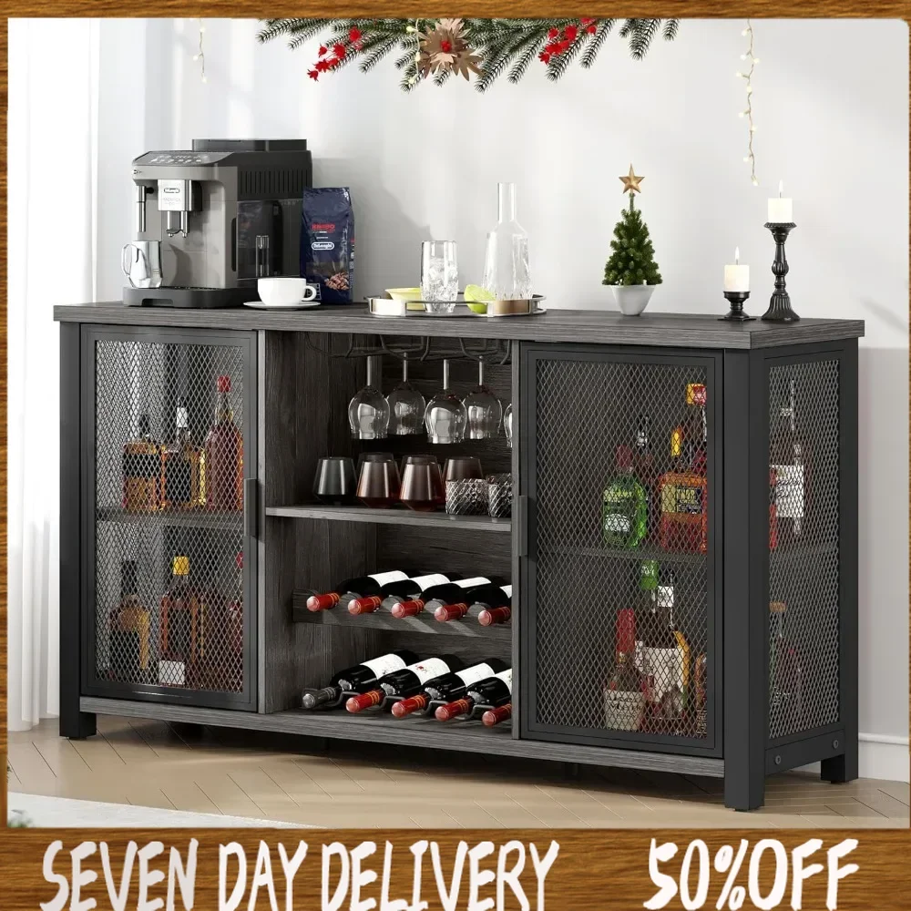 

Home Bar Cabinet for Liquor and Glasses, Coffee Bar Cabinet w/Wine Racks, Mesh Door, Glass Holders, Industrial Storage Buffet