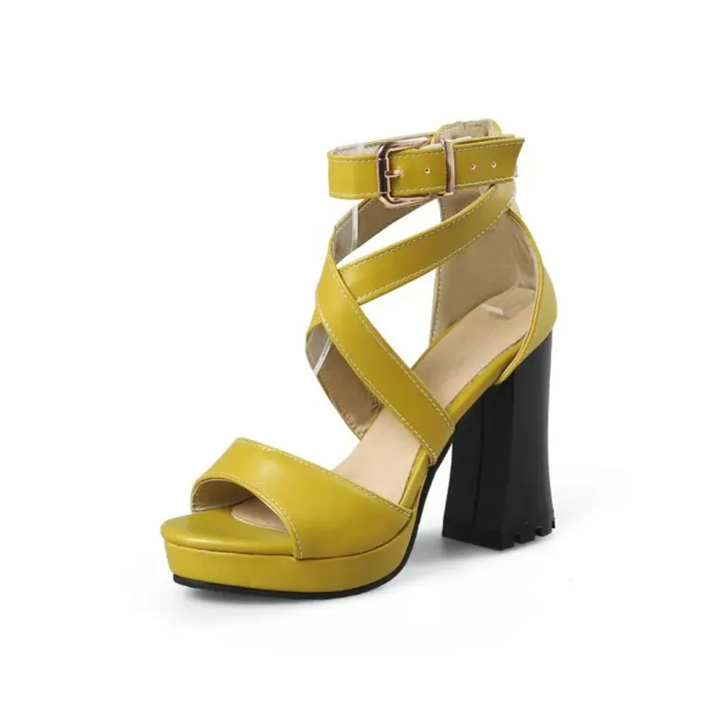 Women Ankle Strap Platform Sandals 11CM Block High Heels Open Toe Big Size 32-50 Black Yellow White Party Dress Shoes T8675 view 3