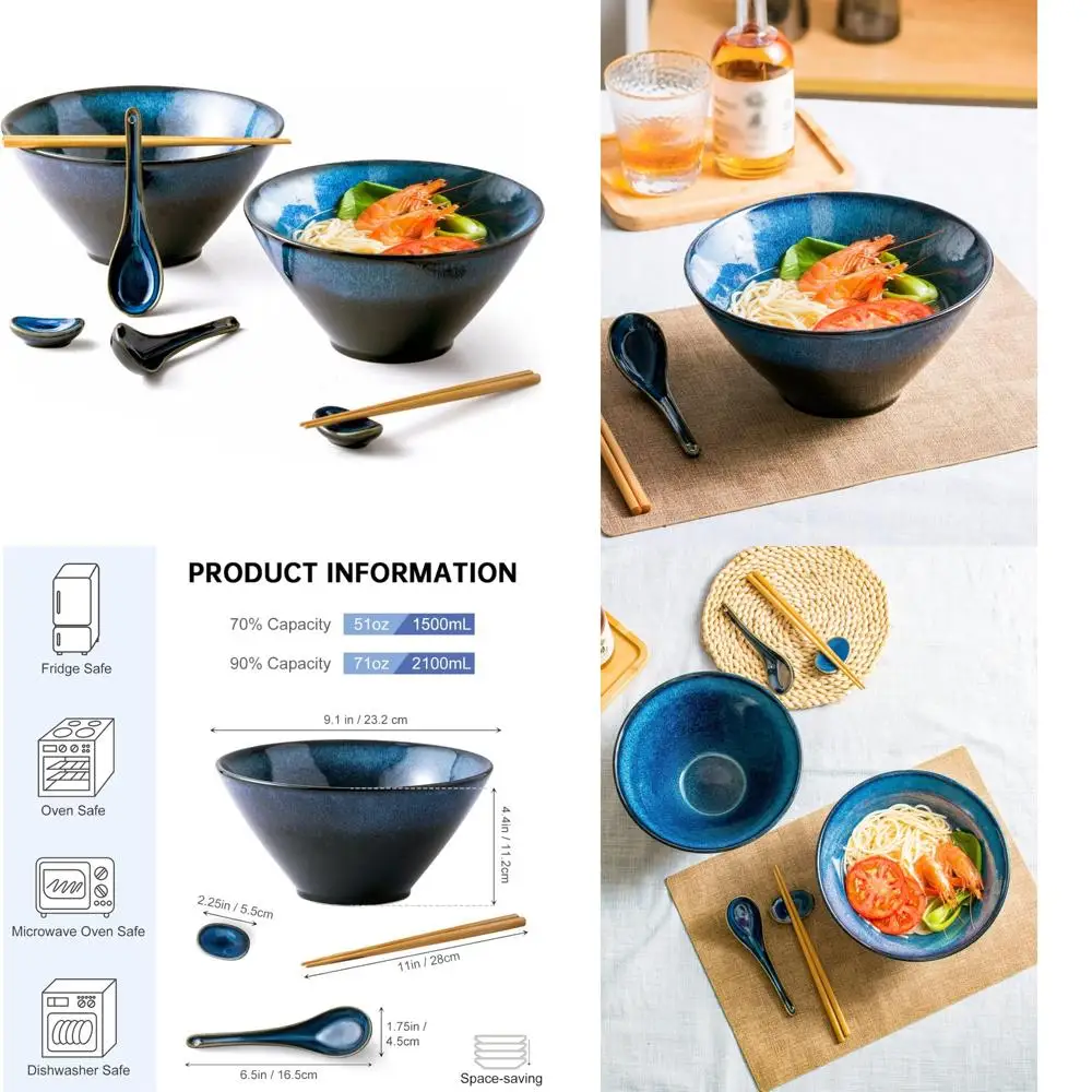 

large salad soup ramen serving bowls, 71 oz ceramic japanese ramen noodle bowls with chopsticks, spoons and rests - super big bo