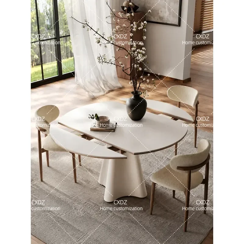 Quanmu White Rock Slab Dining Table Variable Round Solid Wood Table for Small Apartment Cream Style Simple Advanced Household