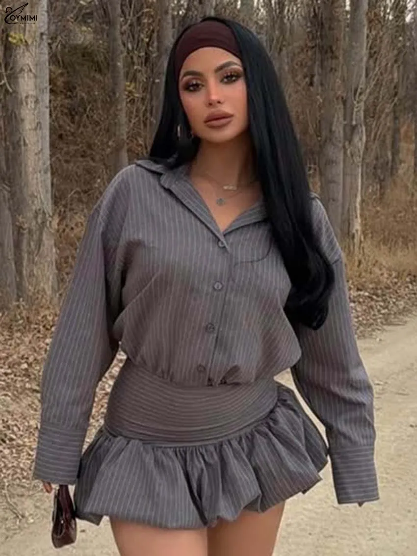 Oymimi Fashion Grey Print Woman 2 Piece Set Outfit Elegant Long Sleeve Single Breasted Shirts And High Waist Pleated Mini Skirts