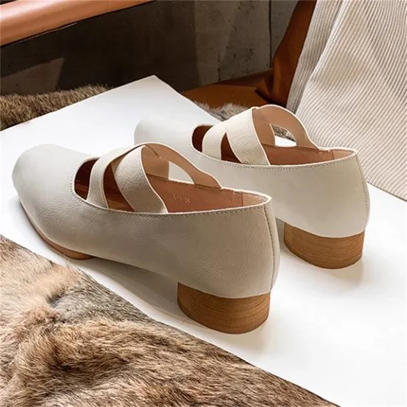 Crossover Strap Shoes For Womens Square Toes Ladies High Heels Mary Janes PU Leather Zapatos Mujer Shallow Tacone Chassure Femme