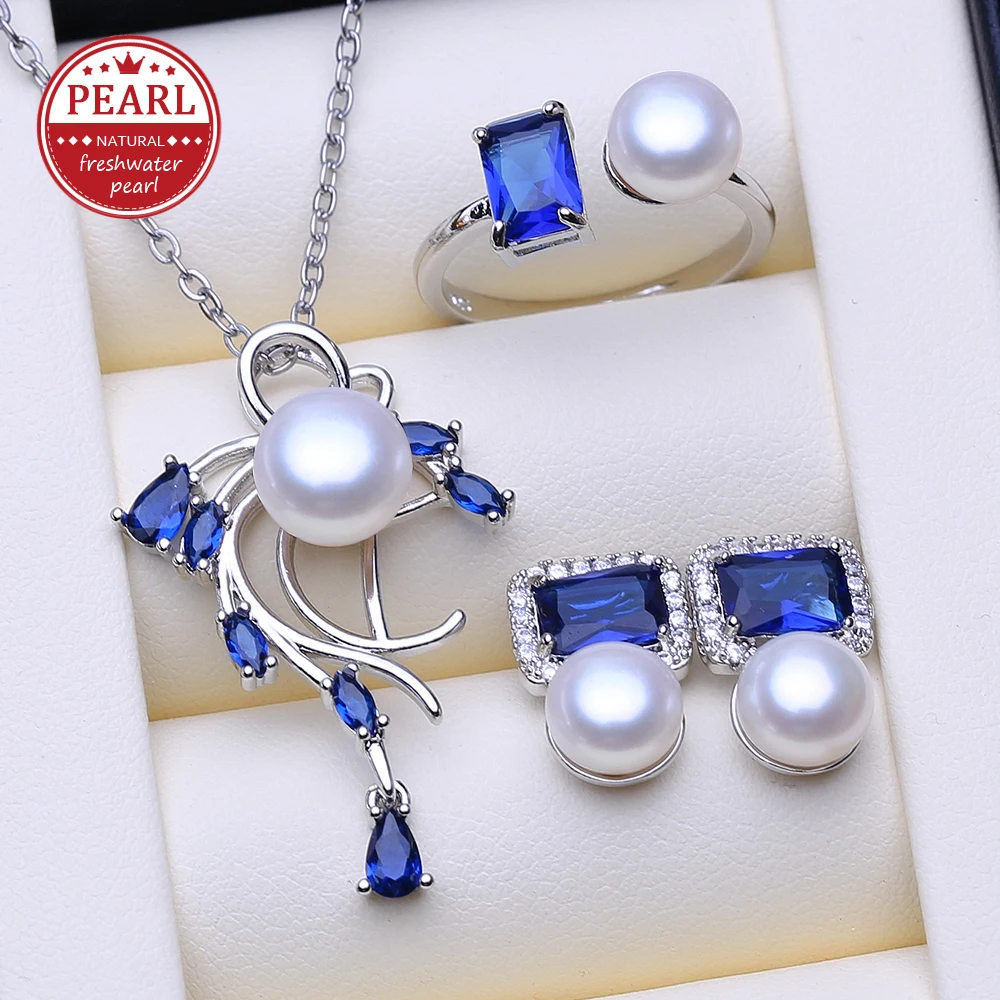 FENASY 925 Sterling Silver Necklace Natural Pearl Jewelry Sets For Women Bohemian Stud Earrings Sapphire Pendant Party Rings