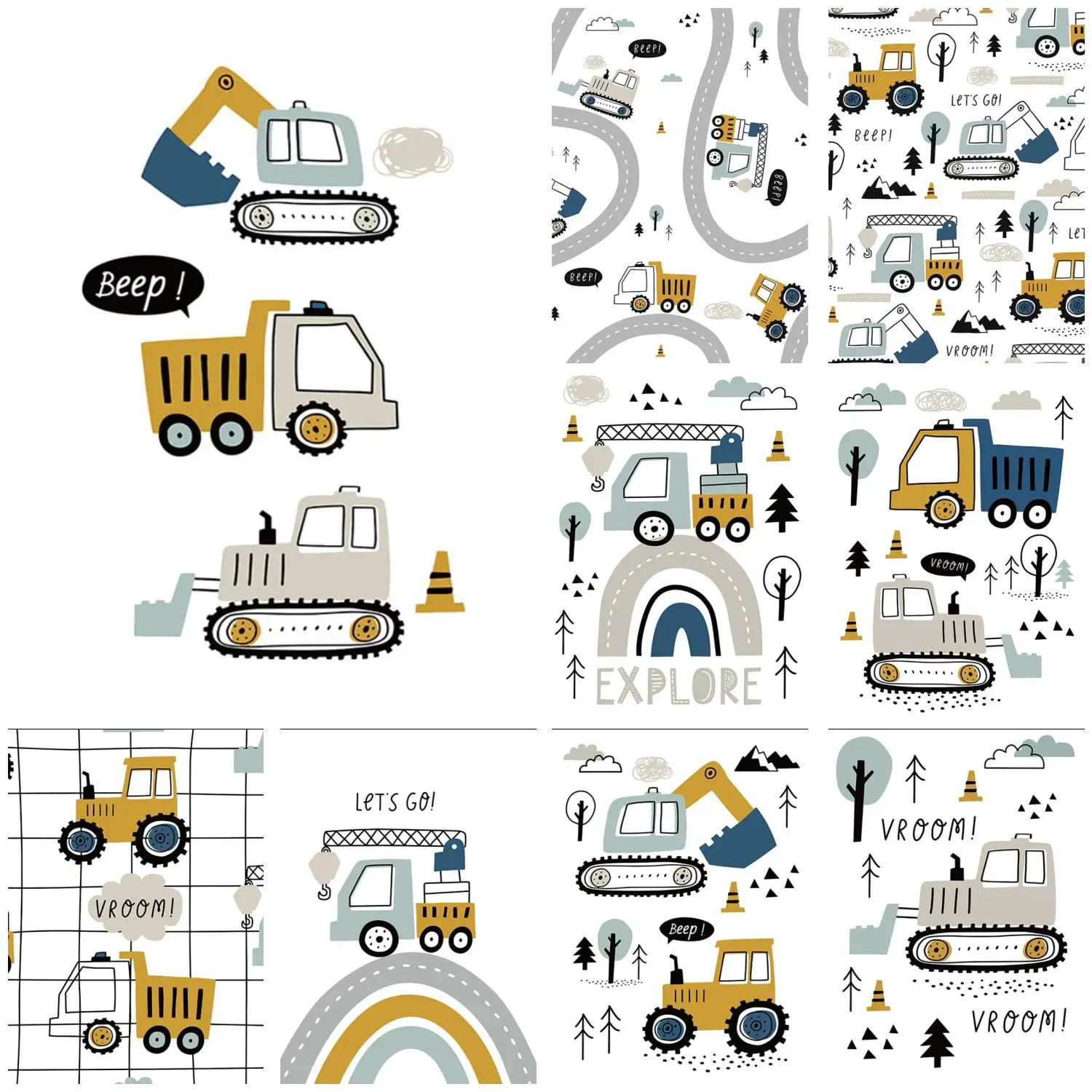 Cartoon Crane Excavator Tractor Truck Canvas Poster Wall Art Painting Nursery Child Boys Pictures Nordic Wall Print Room Decor