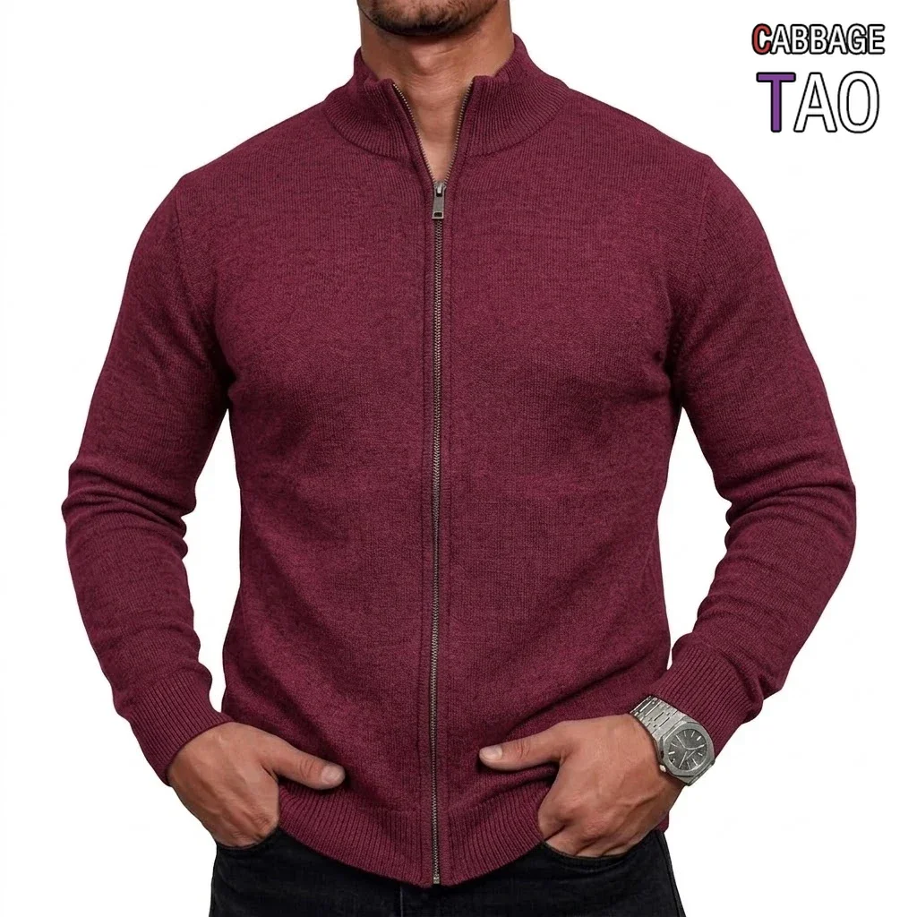 Mens High Neck Zip Up Open Cardigan Jumper Long Sleeve Relaxed Knit Outer Coat Warm Knit Apparel Winter Stand Neck Outer Layer
