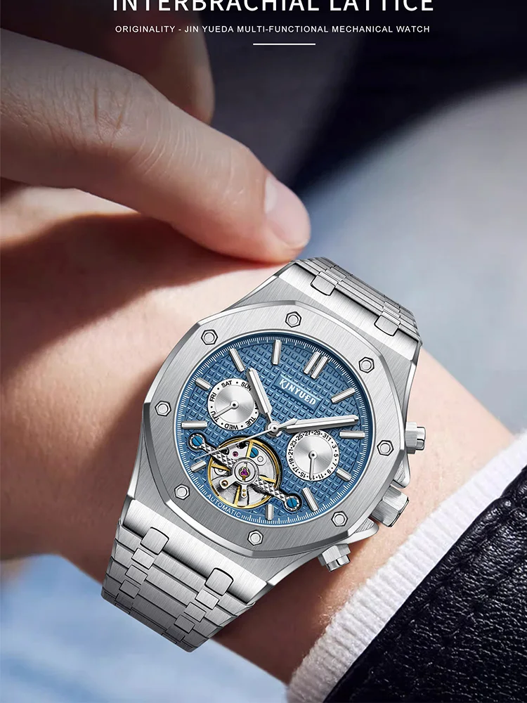 Kinyued-Montre mécanique automatique pour homme, montres-bracelets classiques avec bracelet en acier inoxydable, montres d\'affaires étanches pour
