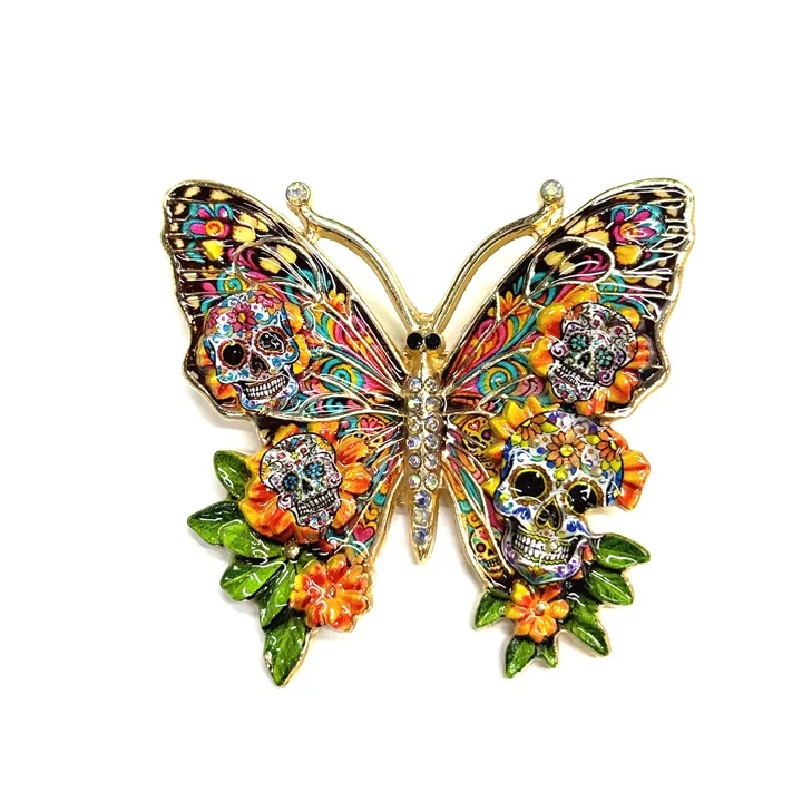 Day of the Dead Sugar Skull Butterfly Brooch Enamel Crystal Gold‑Toned Pin Mexican Halloween Jewelry Gift for Women