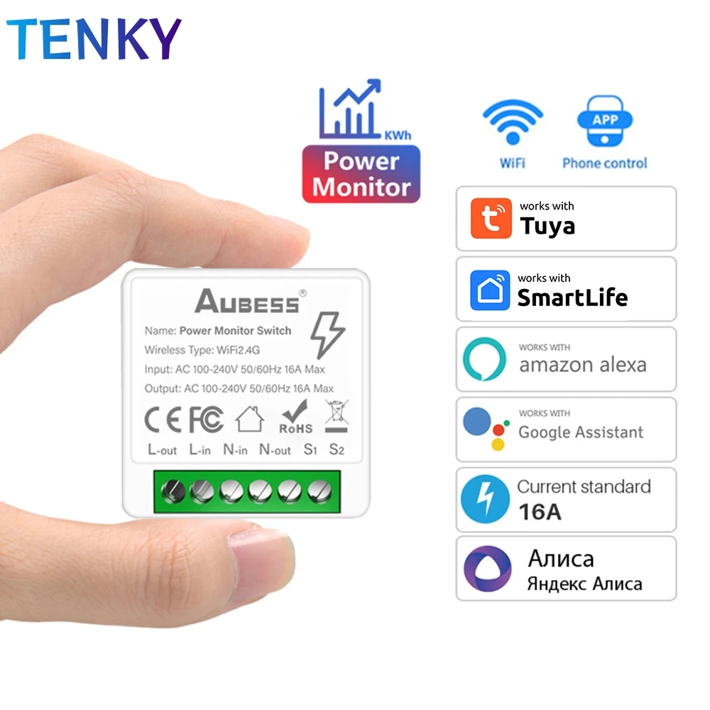 TENKY Tuya Wfi 16A Mini inteligentny moduł przełączający z pomiarem 1Gang dwukierunkowe sterowanie inteligentne życie praca z Alexa Google Yandex Alice