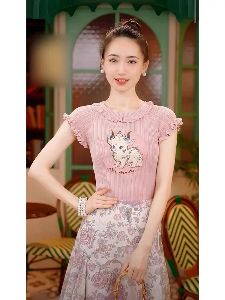 Pink Women\'s Sweater Pullover 2024 Summer Cartoon Embroidered Short Sleeve Slim Knit Tops Tees Knitwear Stylish Fashion Jumpers