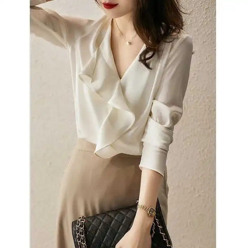 

Western V-Ne White irt Женские весенне-осенние Ol Sle Long Sve Pure Color Commute Faion 50 см-65 см Другое00% Материал