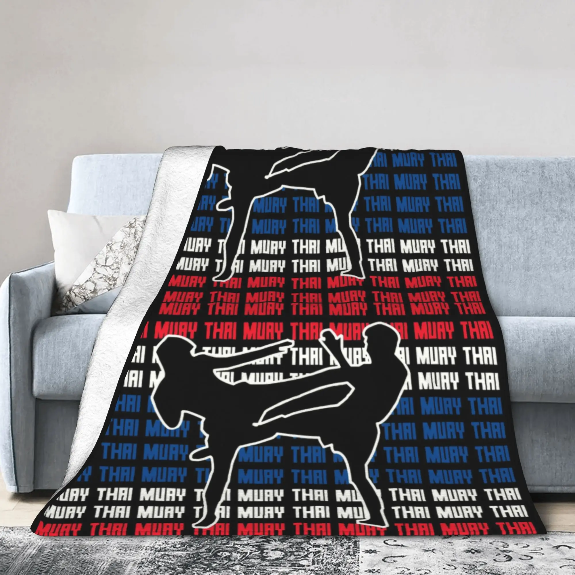Custom Muay Thai Flag Silhouette Blanket Soft Fleece Warm Flannel Thailand Boxing Fight for Sofa Outdoor Bedroom Bedspread