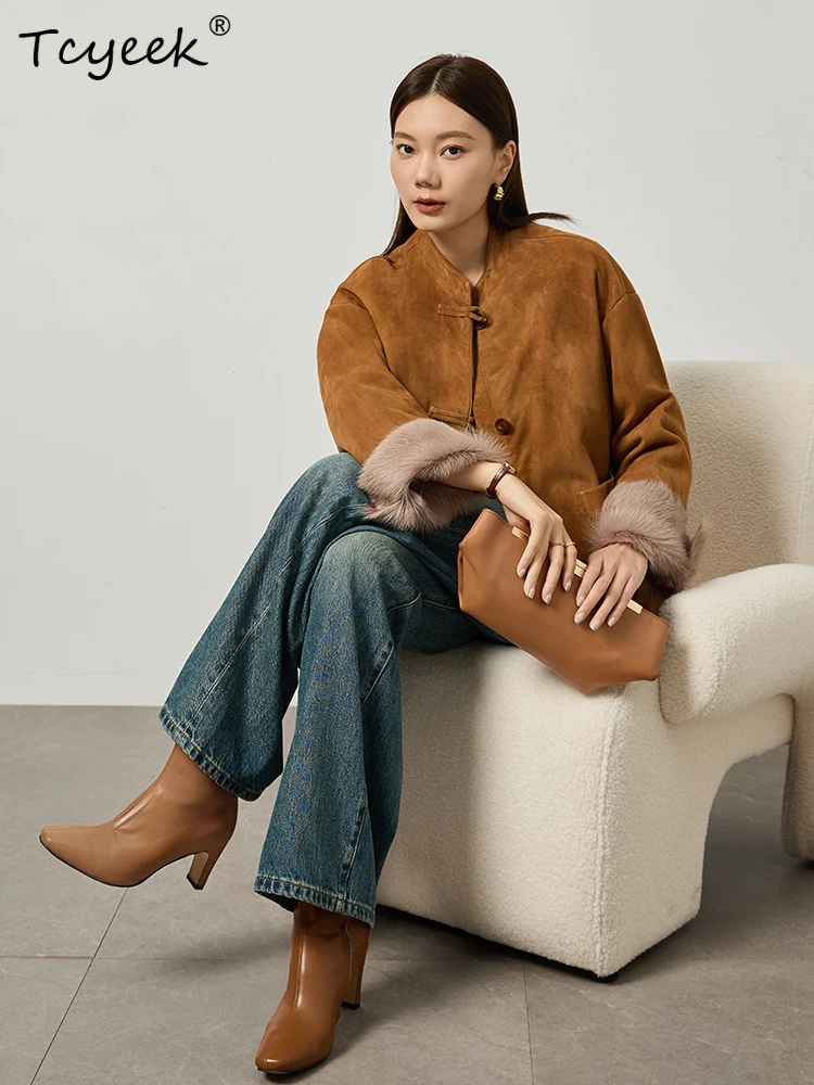 Tcyeek Genuine Wool Autumn Winter High End Trendy Round Necked Maillard Casual Women's Wool Shearing Fur Coat Fourrures Femme