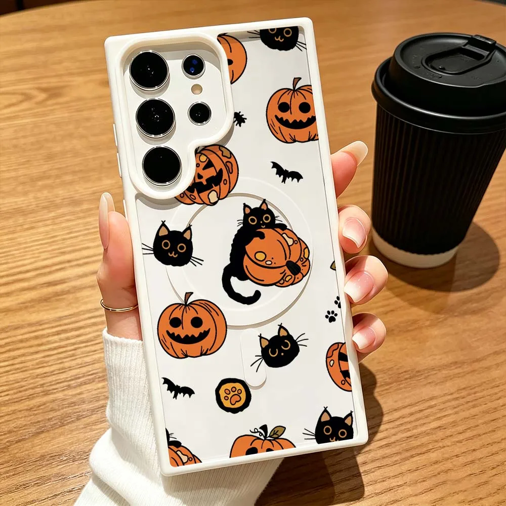 Halloween Pumpkin Cat Pattern Phone Case Wireless Charge Magnetic Magsafe For Samsung Galaxy S26 S25 S24 S23 S22 FE Ultra Plus