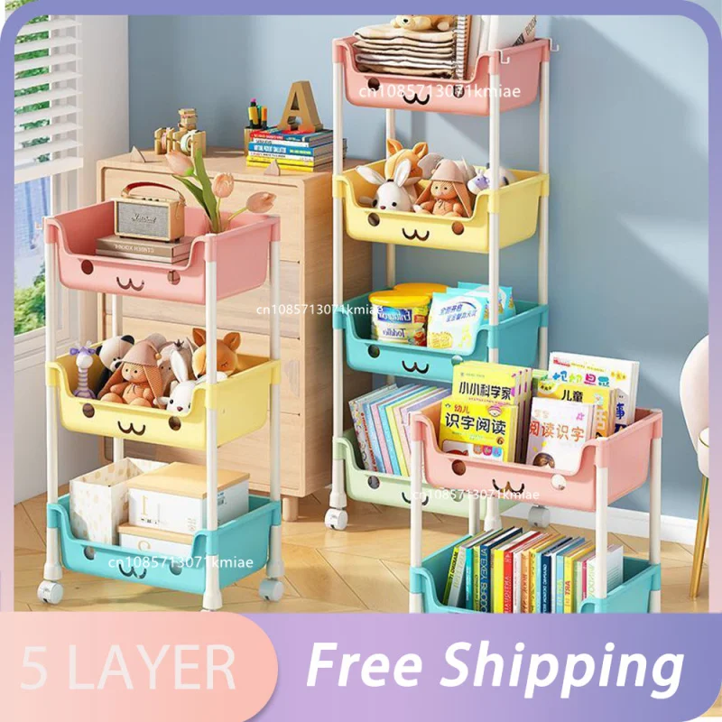 Multi Layer Wheeled Bookshelf Snack Storage Rack Multifunctional Shelf Children\'s Toys Storage Boxes Household Organizer Shelves