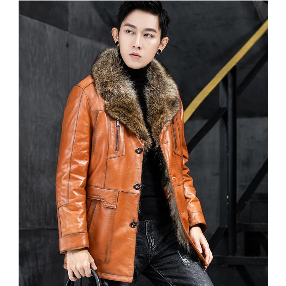 Denny&Dora Mid-Length Sheepskin Coat For Men Genuine With Big Lapel Collar Fur Jacket Lapel Collar Man Overcoats