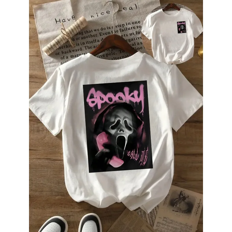 

Women's Front and Back Panel Casual T-Shirt Cute Cartoon Halloween Theme Scary Mask Print Crew Neck T-Shirt Regular Fit T-Shirt