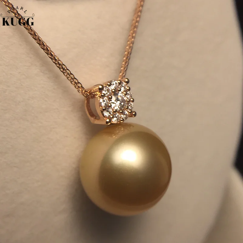 

KUGG PEARL Solid 18K Yellow Gold Necklace 13-14mm Natural South Sea Gold Pearl Jewelry Real Diamond for Women Luxury Style Fine