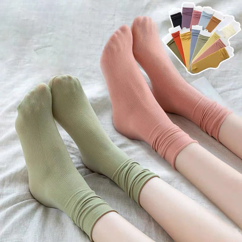 4Pairs/set Women Colorful Loose No Pilling Socks Knitting Rib Thin Spring Summer Female Socks High Tube Streetwear Soft Sock