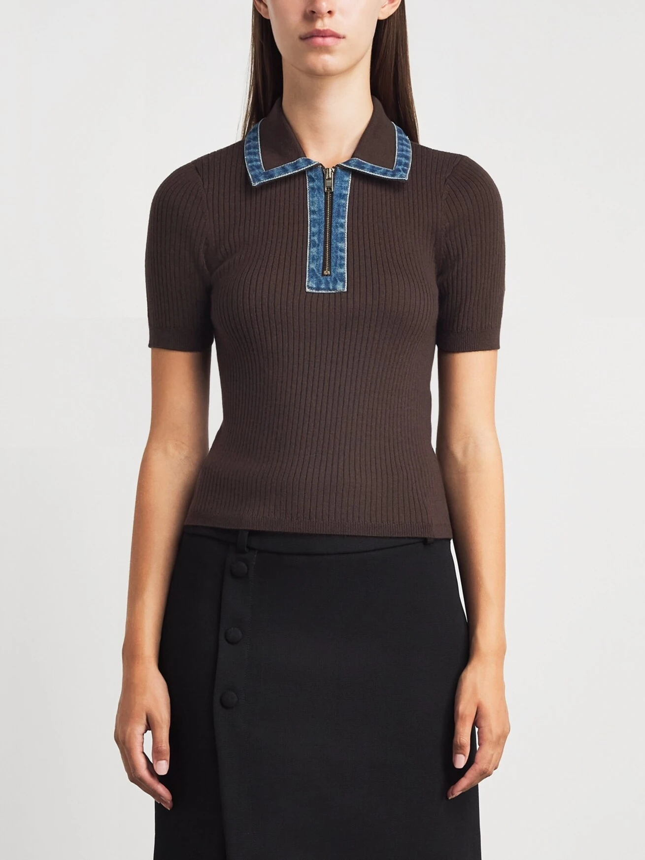 Elegant Women's Knitted Zipper Denim Neckline T-Shirt Comfortable Simple Style Vertical Stripe Pullover Top French Style
