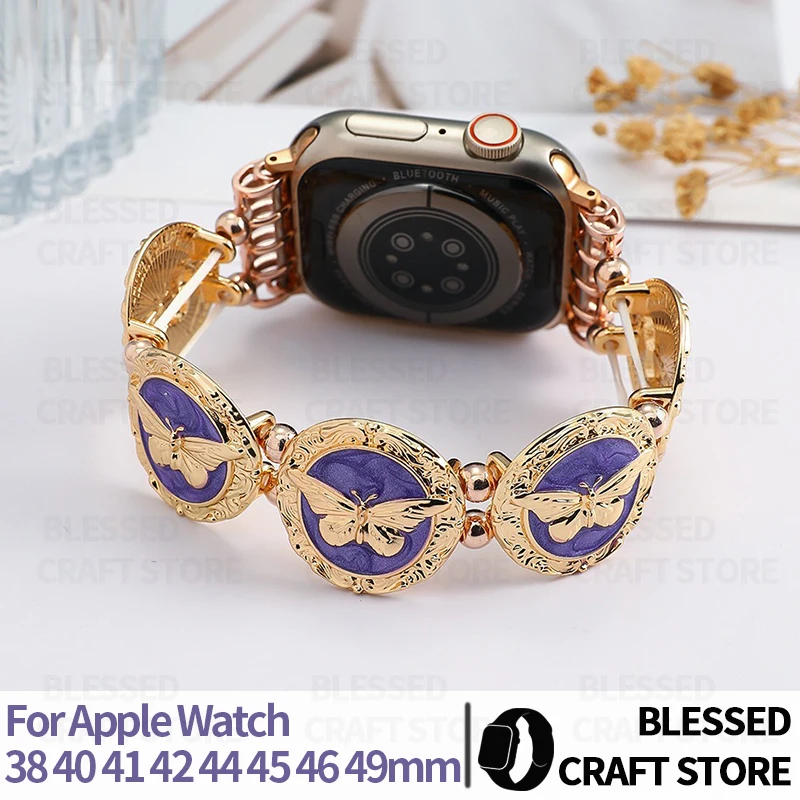 Vintage Enamel Metal Strap for Apple Watch 38 40 41 42 44 45 46 49mm Art‑Deco Jewelry Wristband for IWatch Series10 9 8 SE Ultra