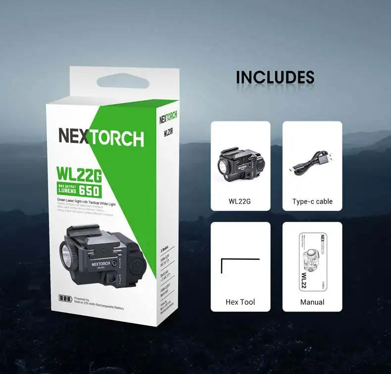 

NEXTORCH WL22 Субкомпактный перезаряжаемый тактический фонарь с красным/зеленым лазерным целеуказателем, 650 люмен, для MIL-STD-1913 и Glock