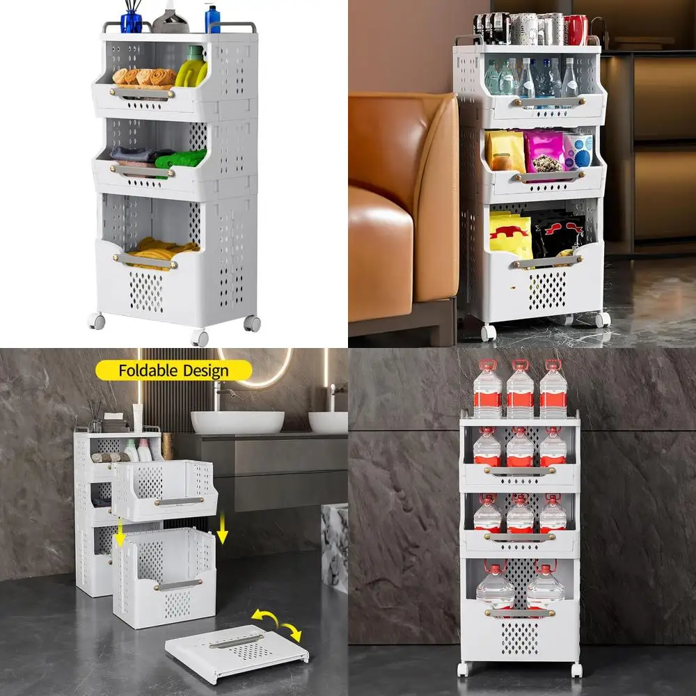 

Корзина для белья на колесиках, складная универсальная тележка для хранения на кухне, штабелируемые открытые передние контейнеры для организации