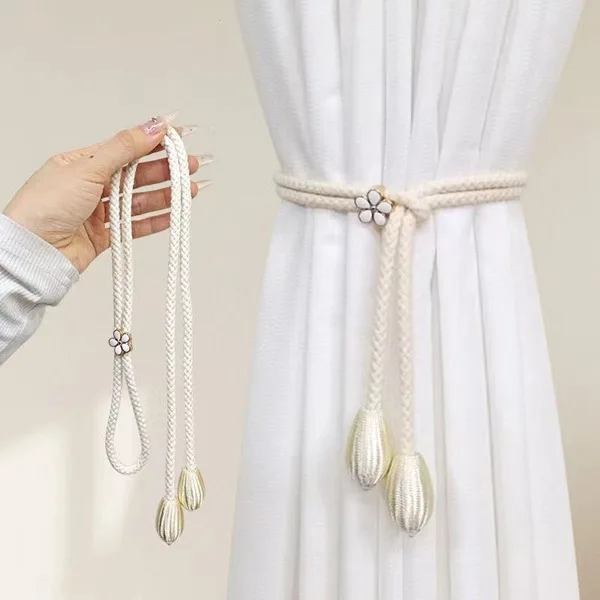 2Pcs Floral Elastic Curtain Tiebacks, No Drill Universal Size Woven Band for Drapes, Window Holdbacks
