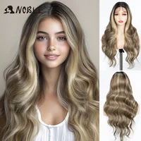 Noble-Peluca de cabello sintético para mujer, cabellera sintética de 13x4 peluca con malla frontal, 28 pulgadas, largo ondulado, Rubio degradado, peluca con malla frontal degradado