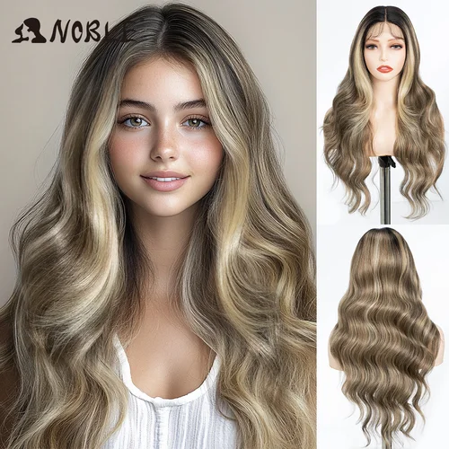 Noble-Peluca de cabello sintético para mujer, cabellera sintética de 13x4 peluca con malla frontal, 28 pulgadas, largo ondulado, Rubio degradado, peluca con malla frontal degradado